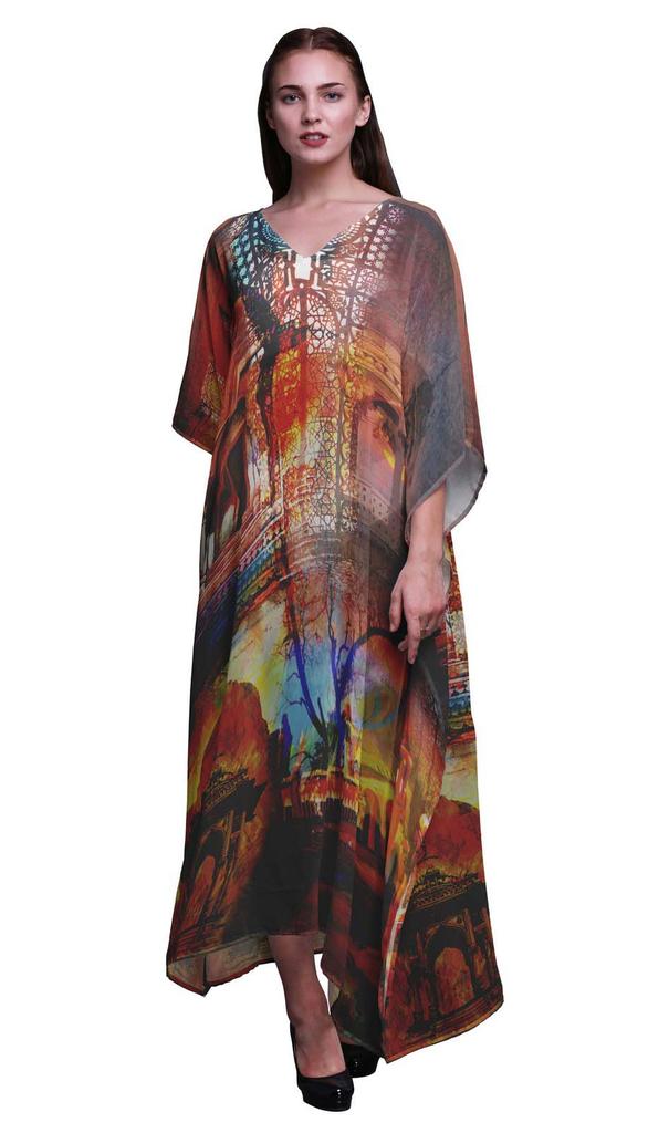 Phagun Mughal Monuments Long Caftan Maxi Dress Beach Swimwear Cover Up Womens