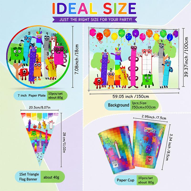 Number Celebration Decor Disposable building block Plates Cups Drinking Straw Cake Flag Balloons Background Holiday Party Suppli