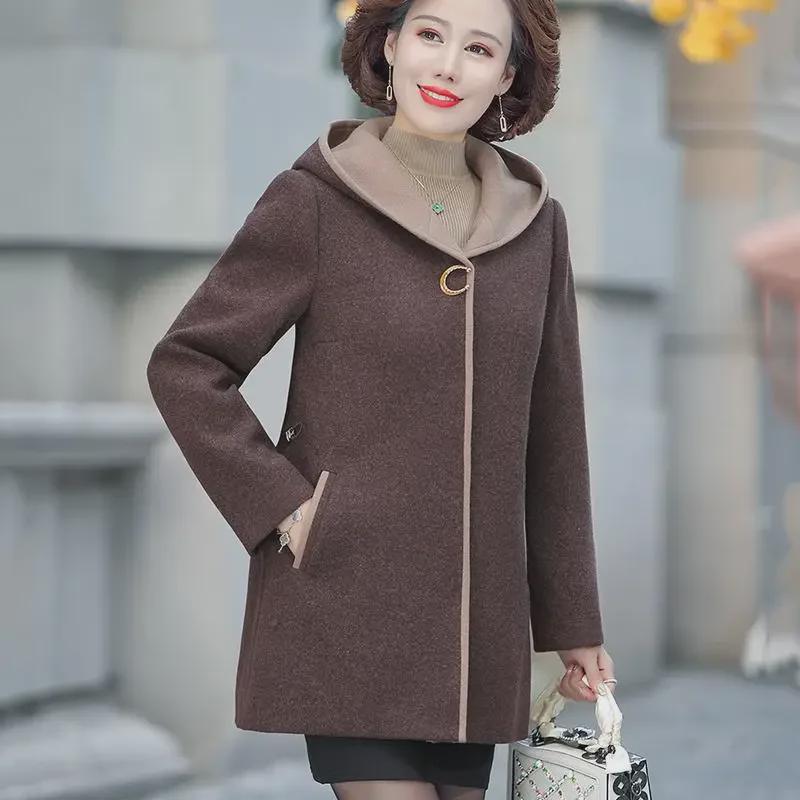 Роскошное шерстяное пальто с капюшоном для женщин среднего возраста - Осень/Зима, свободный крой, с хлопковой подкладкой