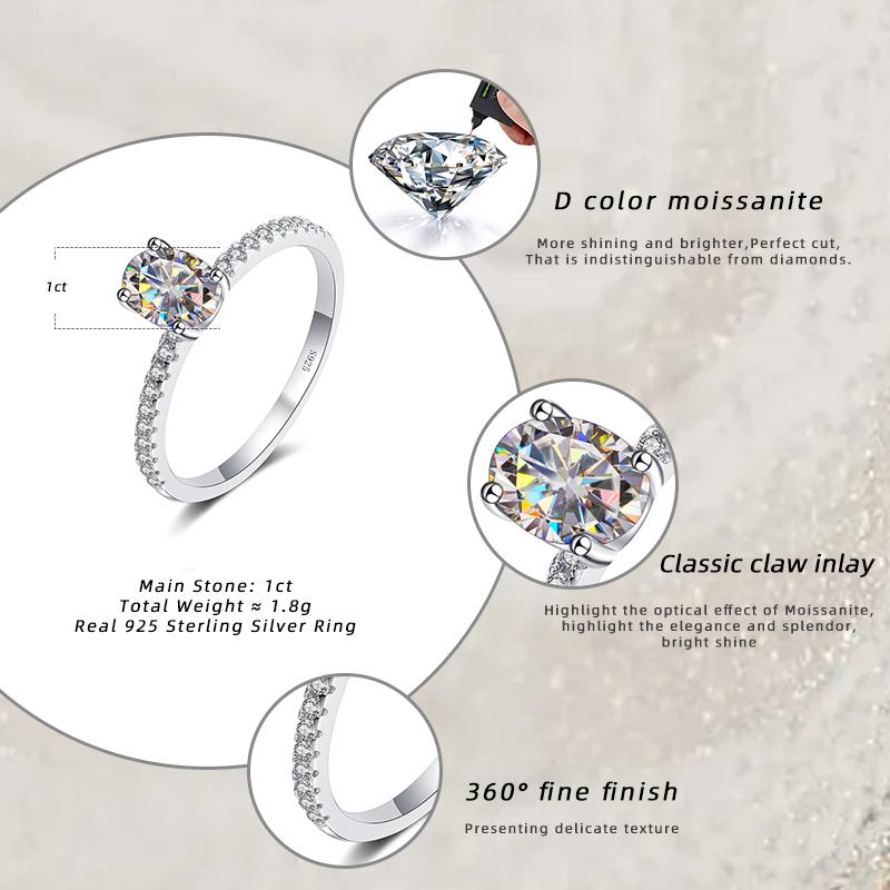 Bague Ringen 1 или 2 карата обручальное кольцо с муассанитом овальной огранки для женщин, сверкающие ювелирные изделия, кольцо из 100% стерлингового серебра 925 пробы, женское кольцо GRA
