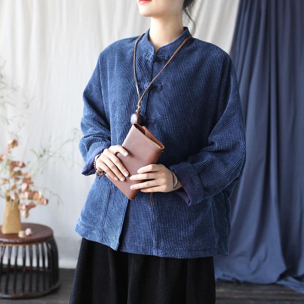 Johnature Women Vintage Stand Jackets Stand Long Sleeve Autumn Coats Button Solid Color Patchwork Pockets Jackets