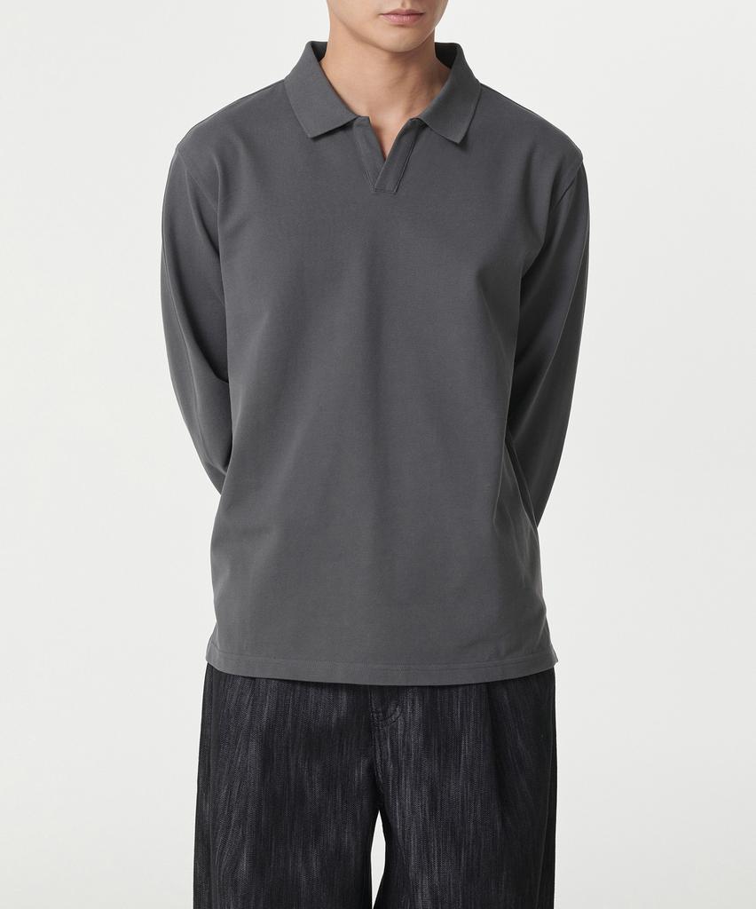 MUSINSA STANDARD Slit Neck Long Sleeve Pique Polo Shirt [Gunmetal]