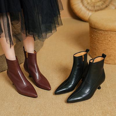 Мода 2024 Осень Зима Женские Ботинки Натуральная Кожа Короткие Ботинки для Женщин Модные Острый Носок Средний Каблук Женская Обувь Современные Ботинки
