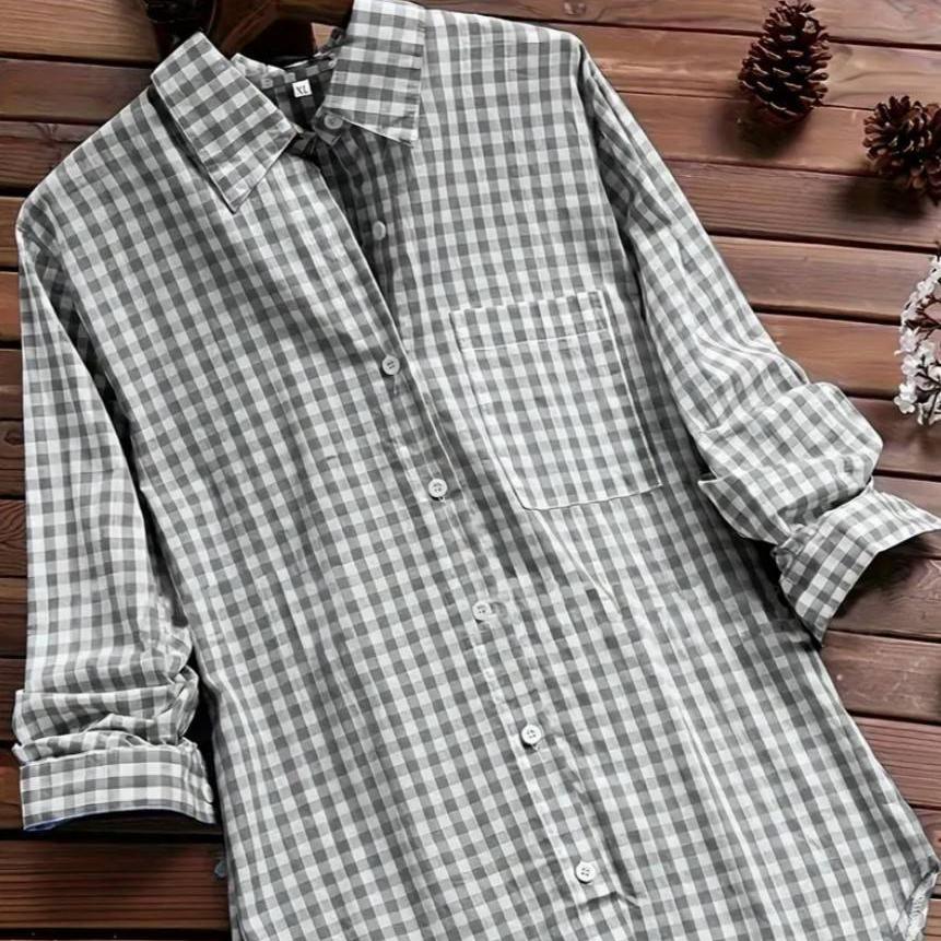 2025 Чистый хлопок клетчатый воротник с длинными рукавами ретро рубашка для женщин