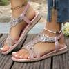 Fashion Plus Size 36-46 Women Shoe Rhinestone Flat Sandals Elastic Band Beach Shoes for Women Fashion Casual Open Toe Sandalias De Mujer