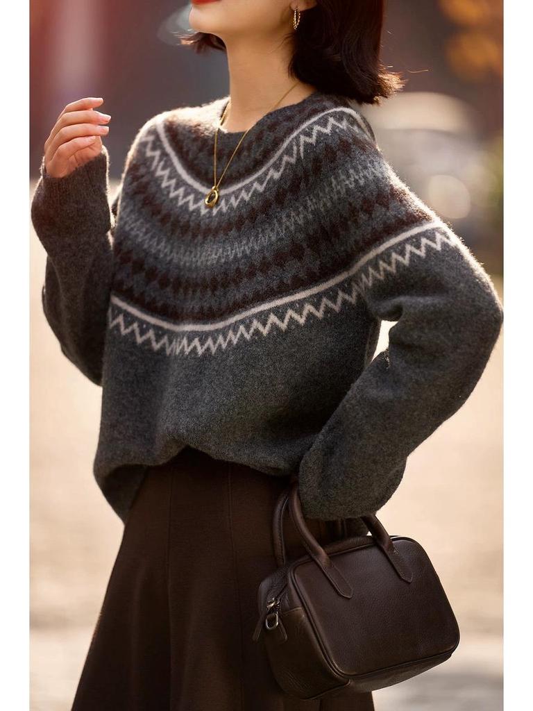 2025 Autumn/Winter Retro Fair Isle Jacquard Round Neck Long Sleeve Sweater