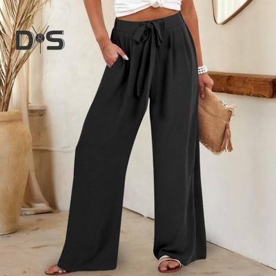 Женские брюки с эластичной талией, повседневные свободные брюки с карманами, однотонные широкие длинные брюки для работы и отдыха