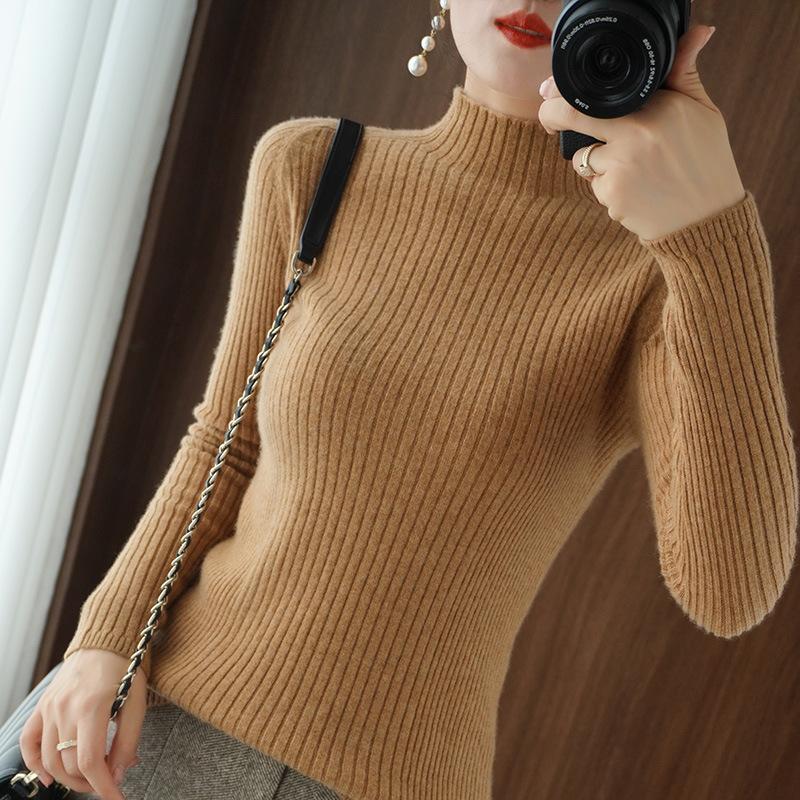 Женский свитер с полувысоким воротом, длинный рукав, тонкий внутренний пуловер, однотонный повседневный плотный вязаный свитер на осень и зиму