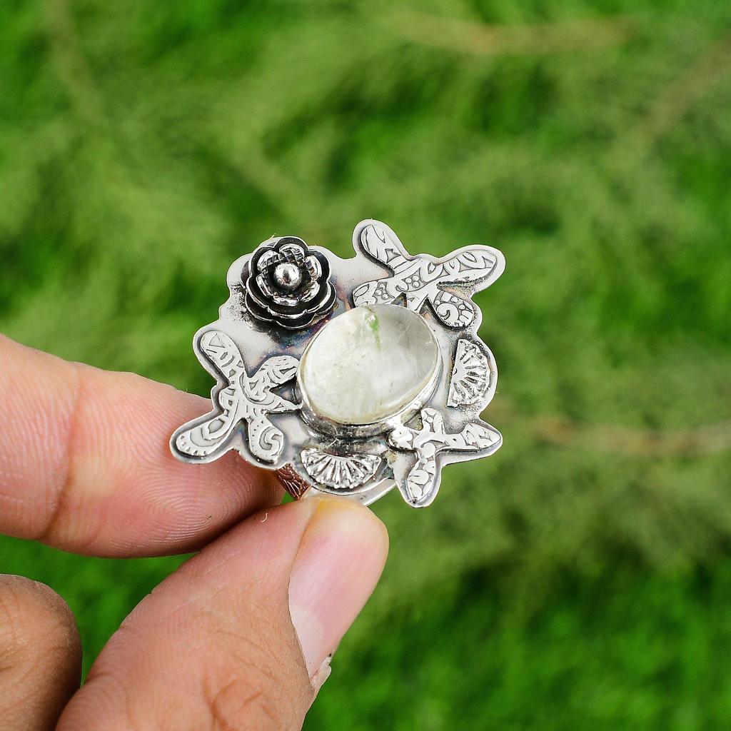 Natural Moonstone Gemstone Stackable Flower Adjustable Ring 925 Silver For Girls