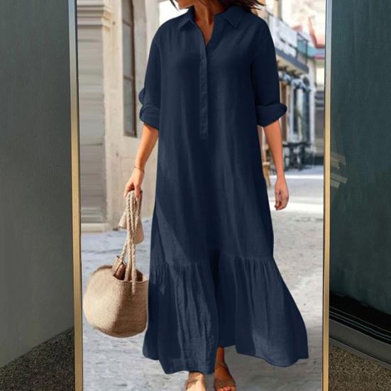 Летнее Весеннее Женское Платье Лацкан Длинный Рукав Рюши Пэчворк Плиссированное Свободное А-силуэт