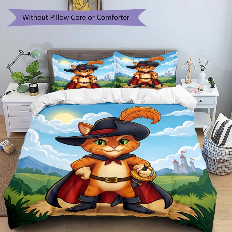 3pcs Duvet Cover Set (1*Duvet Cover + 2*Pillowcase, Without Core), Puss in Boots Print Bedding Set, Bedroom Decor, All‑Season, Birthday Gift