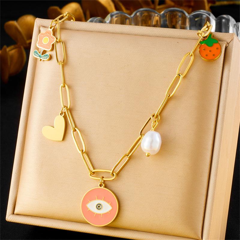 Cartoon Cute Painted Oil Drop Heart Flower Pearl Pendant Chain Titanium Steel Necklace