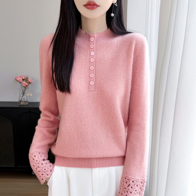 2025 Korean Style Women's Heavy Knit Wool Sweater: Versatile Hollow-Out, Half-High Neck, Slimming Base Layer