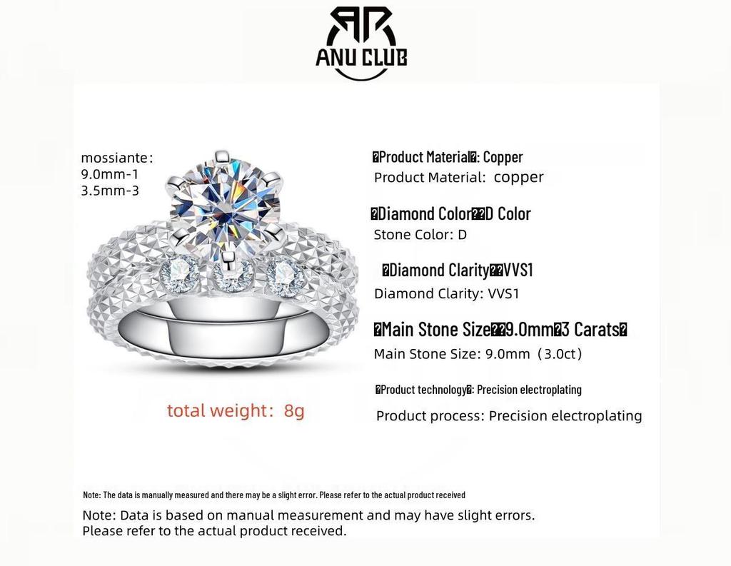 US Region 18K Gold-Plated Moissanite Stackable Ring with 2-Carat Synthetic Carbon Silicon Stone for Women