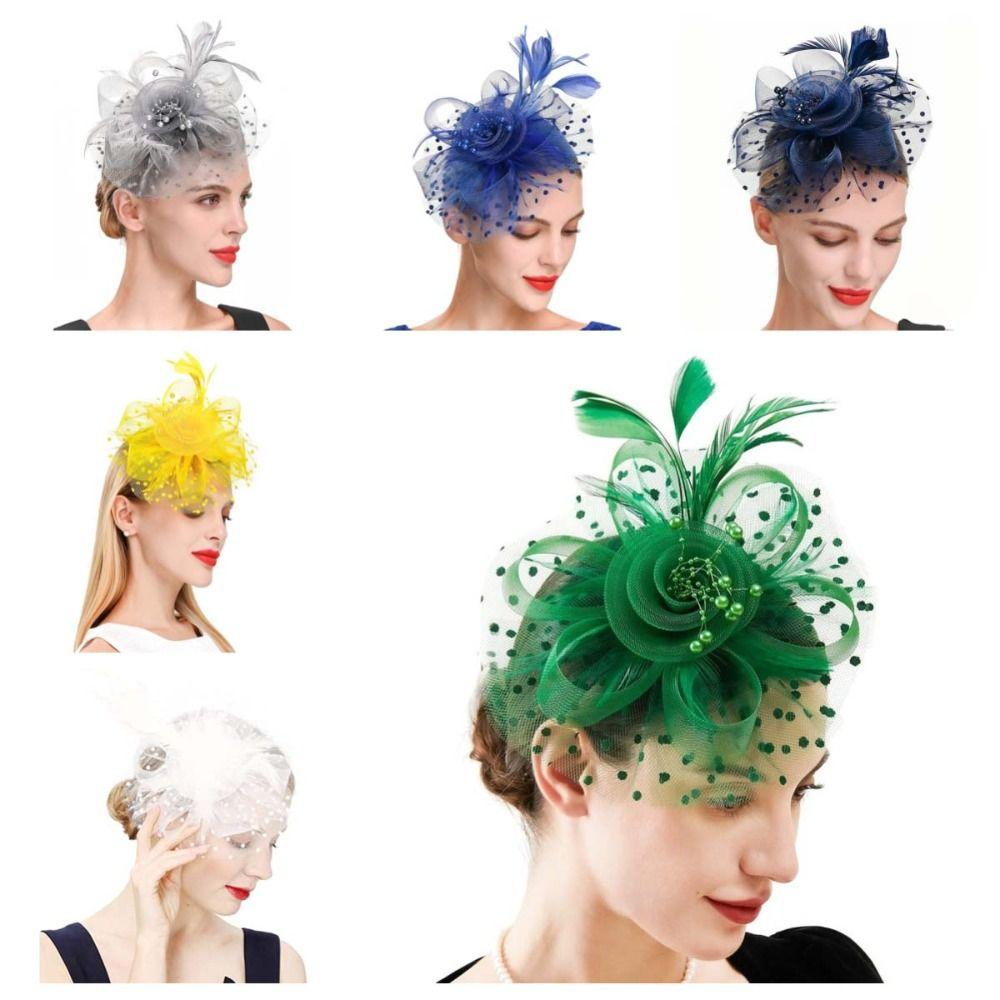 Цветок Сетка Перья Шляпка Фасинатор Обруч Заколка для волос Головной убор невесты Вечеринка Сетка Повязка для волос Свадьба