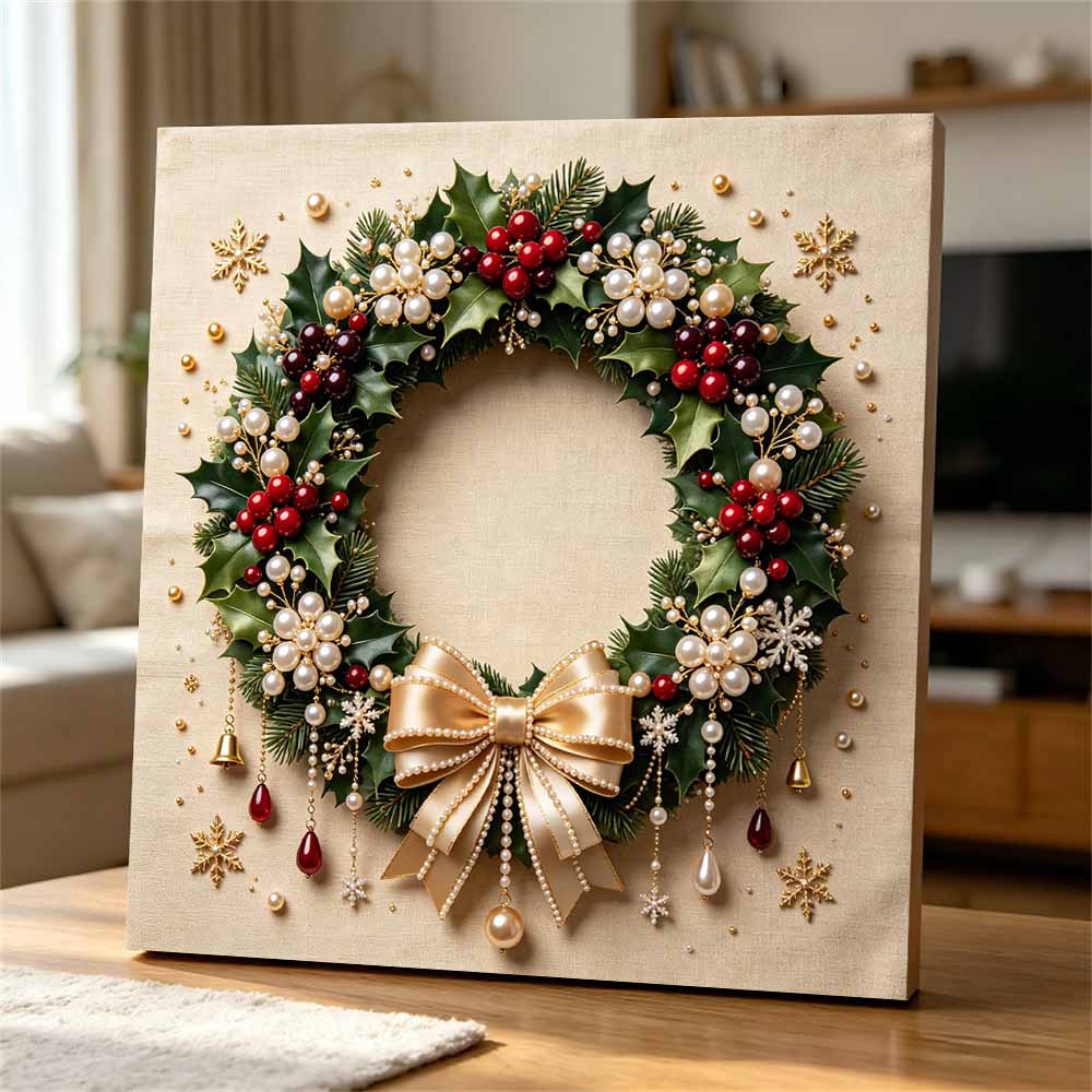 Набор для DIY-живописи 5D жемчугом в раме с дизайном рождественского венка Сверкающая картина на холсте из бусин Креативный подарок для декора детской комнаты
