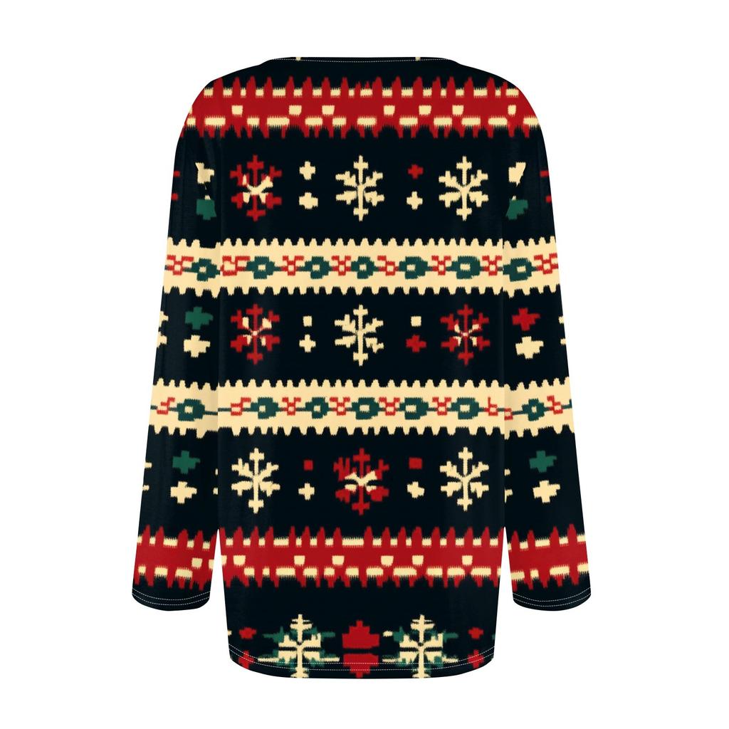 Женская футболка с круглым вырезом и длинными рукавами с принтом рождественской елки и снежинки