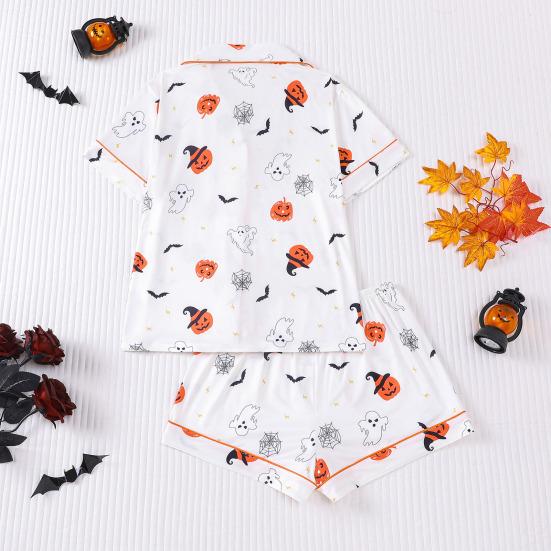 Women's Halloween Pajamas Sets 2 Piece Ghost Pumpkin Print Shirts And Shorts Pjs Lounge Set Button Down Short Sleeve Sleepwear