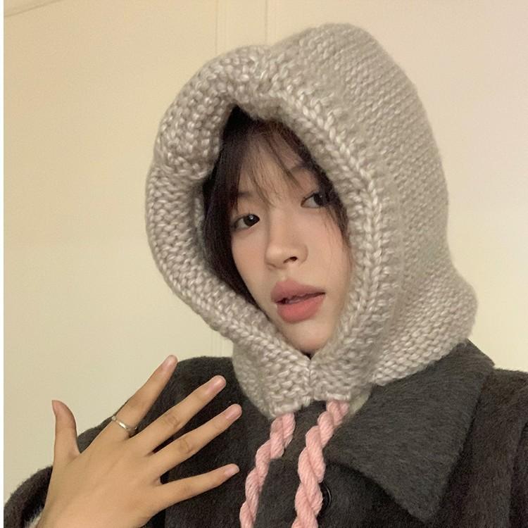 South Korea's new ins balaclava hat, ear protection, warm knitted pullover hat, thick thread, blue wool hat, men's Korea
