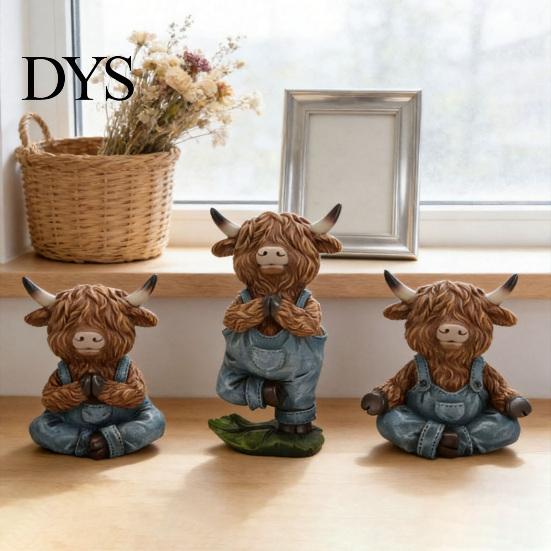Yoga Pose Animal Figurines Highland Cow Resin Figurine, Farmhouse Style Overalls Statues, Waterproof Meditation Sculptures Garden Ornament for Indoor