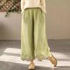 Женские зеленые вышитые хлопково-льняные брюки широкие - Коллекция Лето 2024
