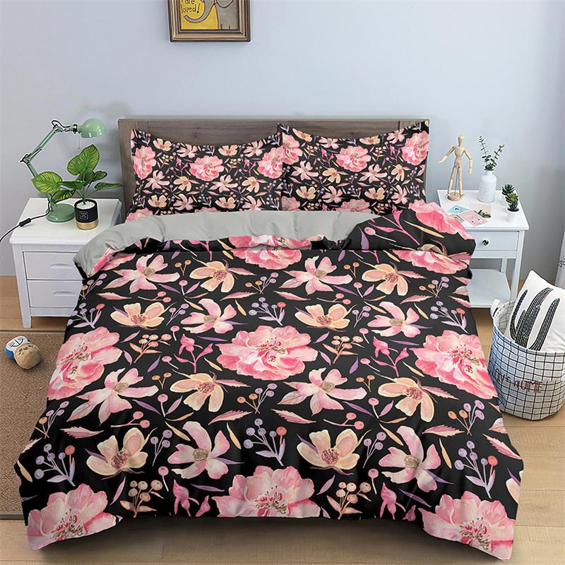3D Design Flower Duvet Cover Sets Queen Size Floral Print Set Sleeping Decor Black Quilt/Comfort Cover With Pillows