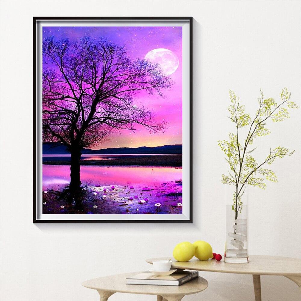 DIY Diamond Painting Landscape Sunset Sea Full Drill Embroidery Tree Scenery Mosaic Art Picture of Rhinestones Home Decoration