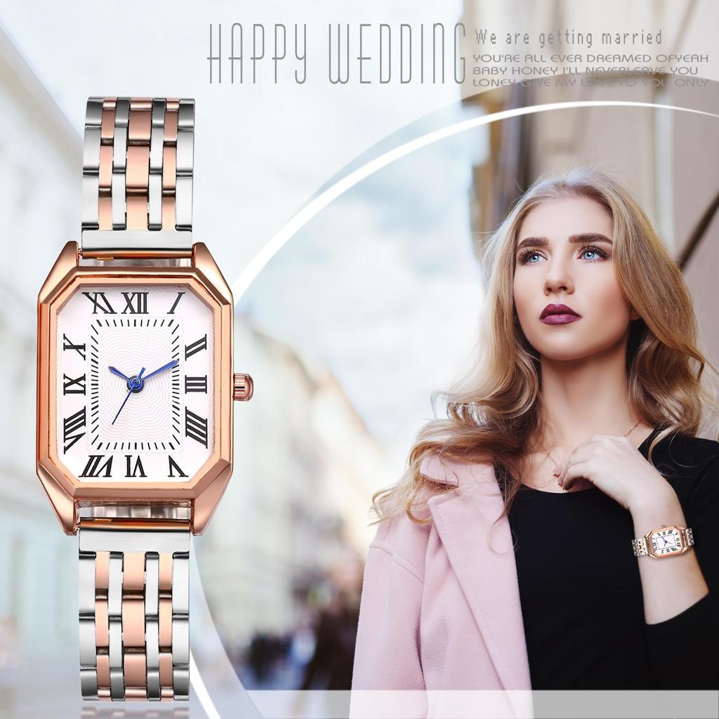 Square Roman Analog Stainless Steel Quartz For Commuting To Work or Fashion Silver Gift for Girlfriend Women's Watch Simple, Stylish, Cute,