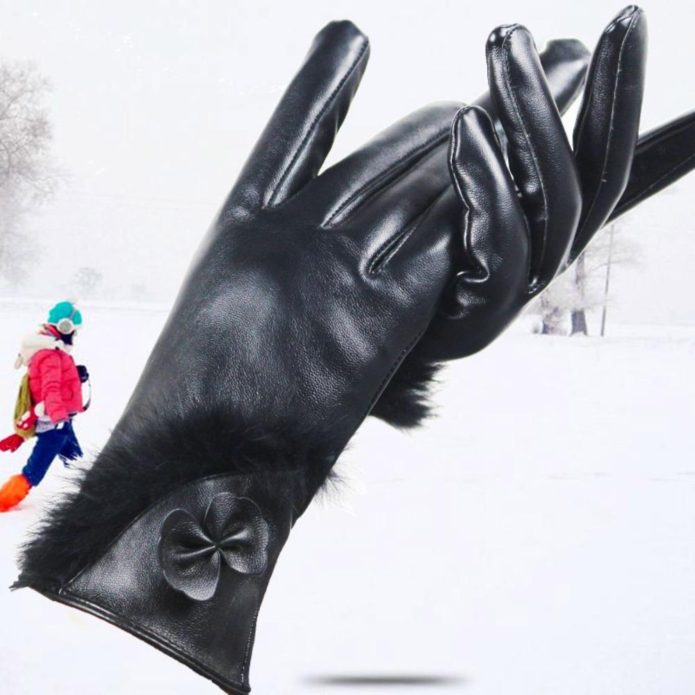 Touch Screen Women's Leather Gloves Rabbit Fur Design Autumn and Winter Velvet Women's Windproof Warm Bow Imitation Leather Gloves
