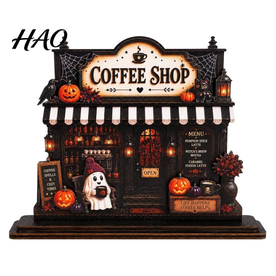 Fall Kitchen Countertop Ornaments Wooden Halloween Coffee Bar Sign, Harvest Tabletop Decor Plaque with Pumpkin Gift for Lovers Ghost Cat, Retro