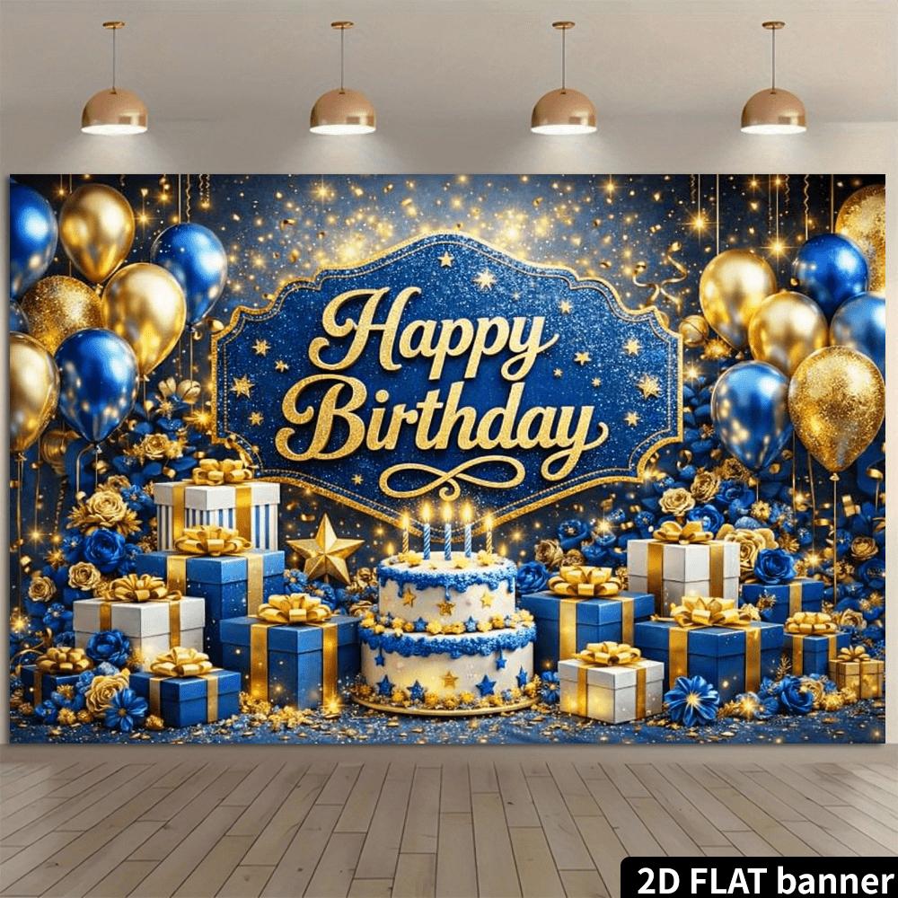 2D planar dark blue gold luxurious birthday party backdrop with the center featuring the golden "Happy Birthday" text.PMJ