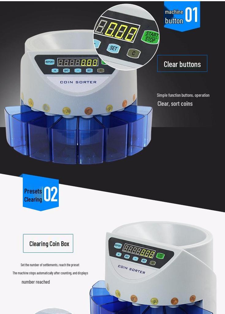 XD-9002 Currency Coin Sorting Machine for Thai Baht, Japanese Yen, and International Coins, Including Europe, America, UK, and Southeast Asia.