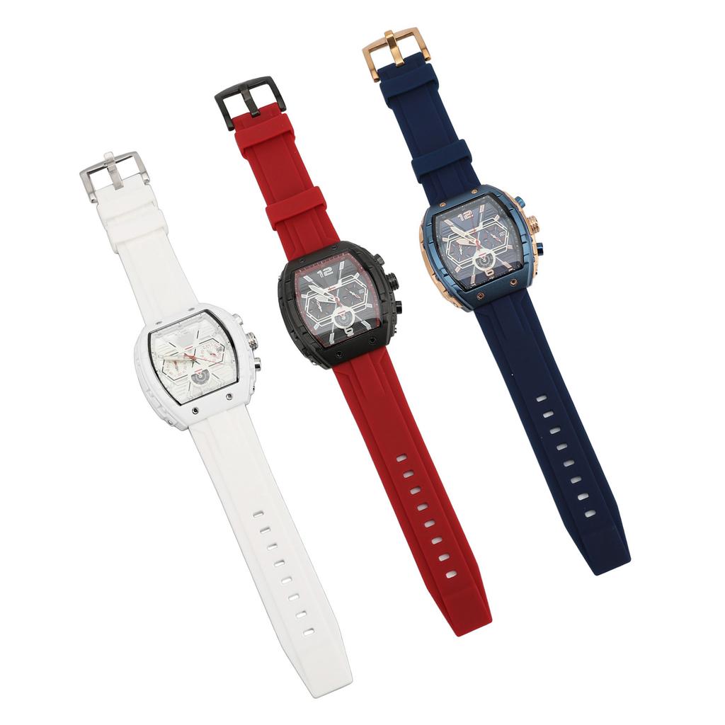 Men Multifunctional Quartz Watch Large Dial Silicone Strap Water Resistant Wristwatch Quartz Watch W