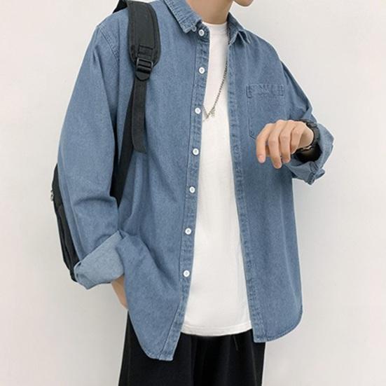 Мужская рубашка-рубашка на весну и лето, пальто с отложным воротником и длинными рукавами, однобортный кардиган, свободный нагрудный карман, чистый цвет, школьный