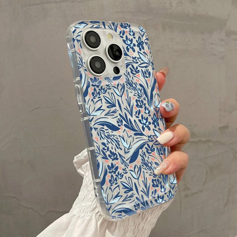 Синий чехол из ТПУ с цветочным узором для iPhone 16 16e 14 13 15 Pro Max 11 12 Pro Mini 7 8 Plus XR Противоударный Мягкий Прозрачный Чехол