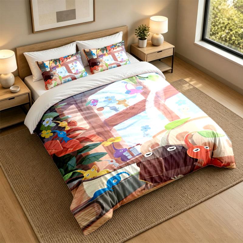 3Pcs Bedding SetPikmin Soft Bed Sheet and Two Pillowcases Home Bedroom Decor