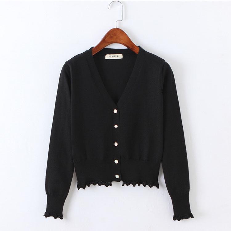 Женский трикотажный кардиган в корейском стиле с завышенной талией — длинный рукав, кружевная отделка, короткая длина.