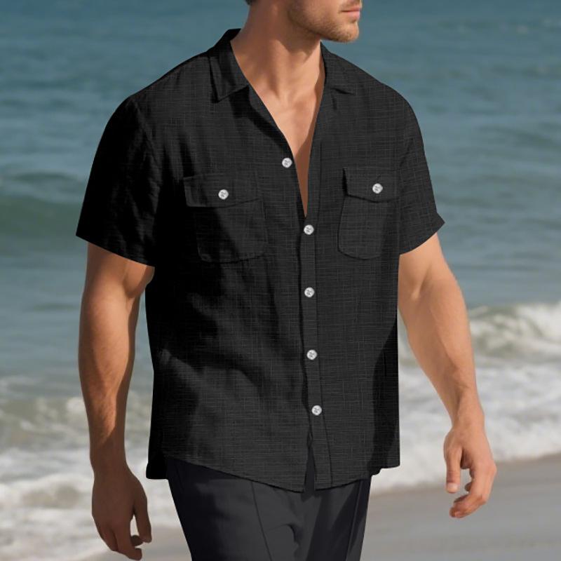 Men's Summer Short Sleeve Shirt, European American Solid Color Loose Casual Turn-Down Collar Shirt With Dual Chest Pockets for Vacation