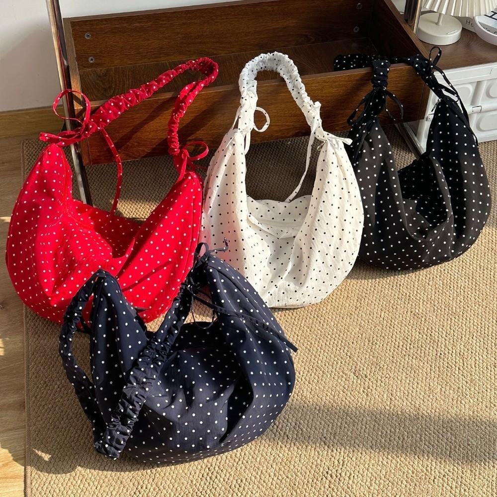 Adjustable Polka Dot Nylon Crossbody Bag Drawstring Lightweight Pleated Shoulder Bag Prined Large Capacity Canvas Dumpling Bag