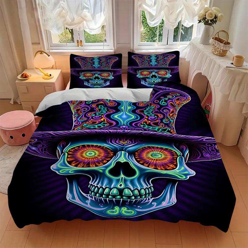 3pcs Psychedelic Skull Duvet Cover Set, Cover For Bedroom Guest Room (1 Duvet Cover + 2 Pillowcase, Without Quilt), yy250922114