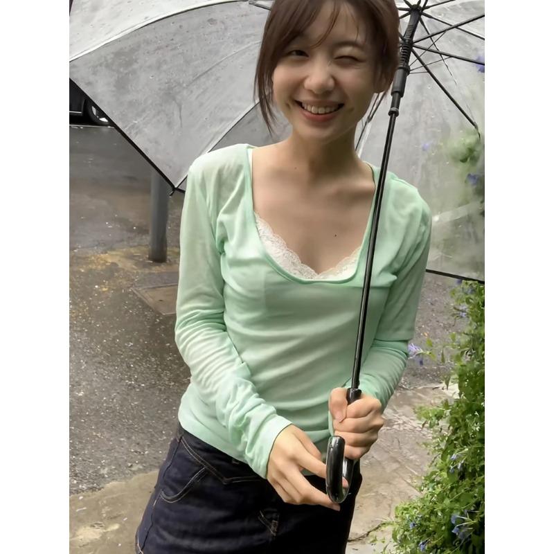 KOSY  Harajuku Green T-shirt Women V Neck Solid Tee Tops Y2k Vintage Tops Streetwear Japanese See Through Tshirts