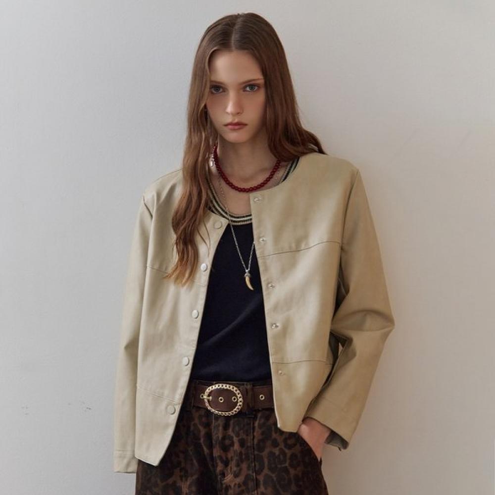 Maxza Round Collar Fake Leather Jacket Zb03jp002