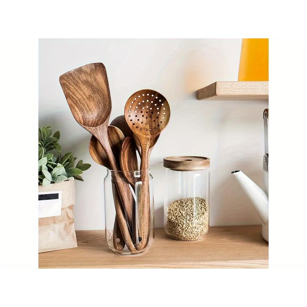 Набор из 5 высококачественных деревянных кухонных принадлежностей - ручка, натуральная деревянная ложка, кухонная лопатка, суповая ложка, антипригарная сковорода, специальная лопатка