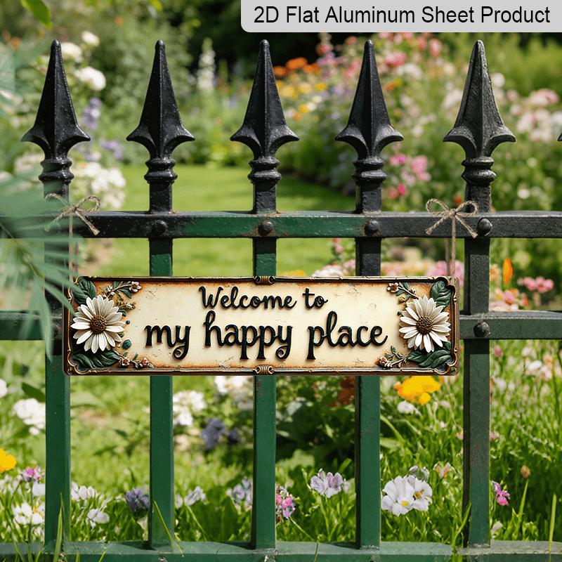 2D Flat "Welcome To My Happy Place" Vintage Metal Wall Decor - 3.9x15.7inch Country Style Alumium Decorative Sign with Floral Border, Pre-Drilled