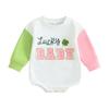 Baby Girl Romper Contrast Color Long Sleeve Round Neck Shamrock Letter Print Bodysuit Newborn Clothes