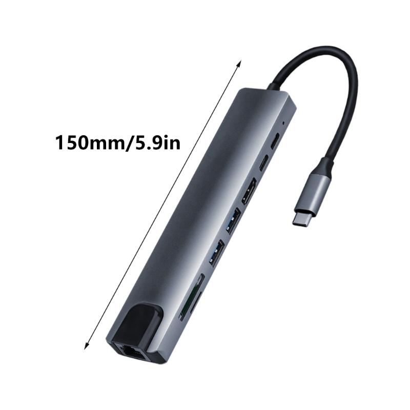 8 In 1 Multiport Adapter with Gigabit Ethernet USB Port Type-C Port Card Reader Type-C Hub Dongle Docking Station
