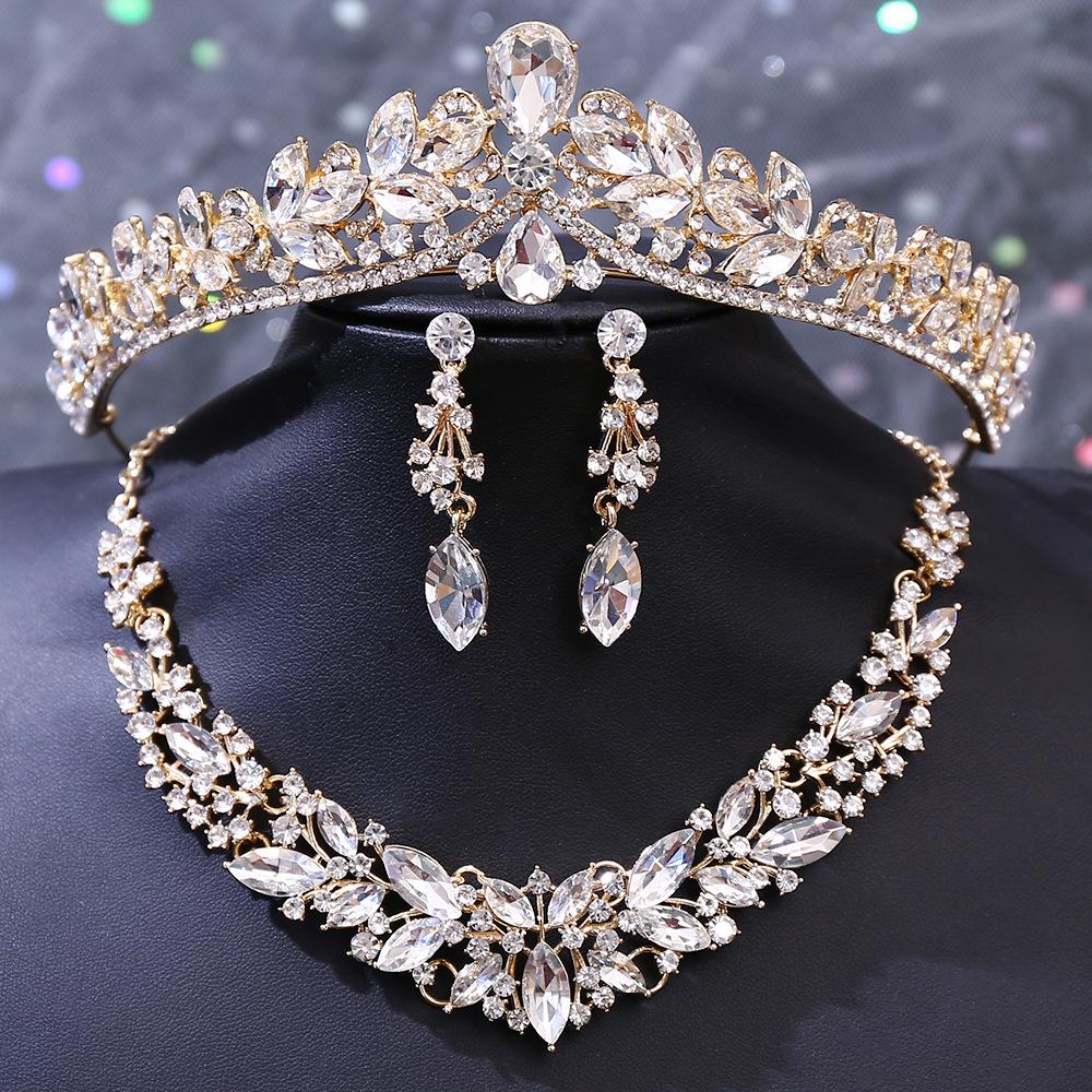 DIEZI 5 Colors Luxury Crystal Tiara Necklace Earrings For Women Wedding Party Elegant Bridal Bride Rhinestone Crown Accessories