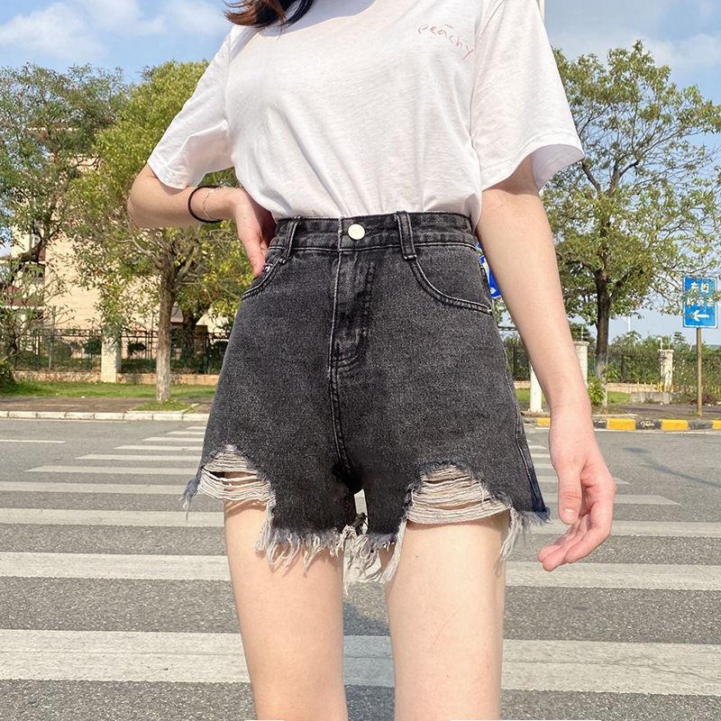 Classic and Minimalist Fashion Versatile Broken Holes Female Summer Light-colored High-waisted Thin Ragged Loose Wide-legged A Word Denim Shorts