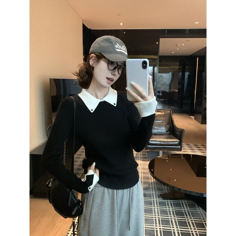 Контрастный цветной вязаный свитер с лацканами оло, имитирующий двухкомпонентный, женский осенне-зимний приталенный свитер с длинными рукавами, передним плечом и внутренним топом