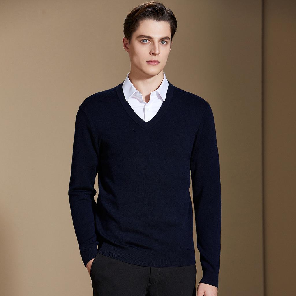 Machine Washable & Thickened Knitted V-neck Pure Wool Sweater for Men